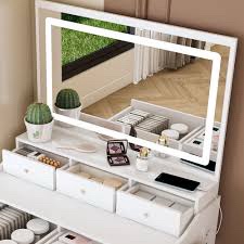 Modern Large Mirror Vanity Desk with Adjustable Lighting, Power Outlet, and Hair Dryer Holder, 5 Drawers for Organized Storage