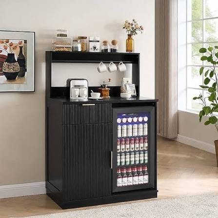 Black Coffee Bar Cabinet With Fridge Space, Liquor Cabinet With Power Outlet & Led Light, Mini Fridge Cabinet With Wine Rack & Glass Holder, Wine Bar Cabinet For Living Room, Home Bar