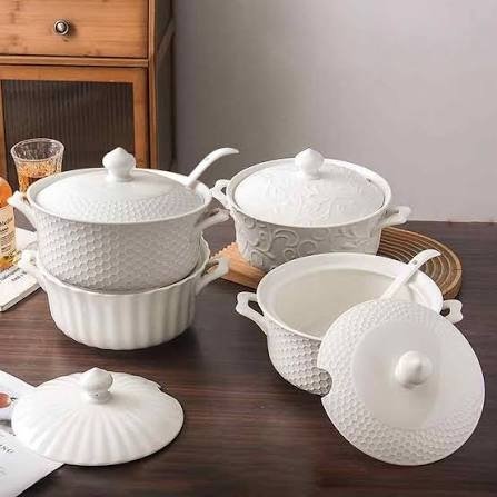 Ceramic Soup Tureen Set with Lid & Ladle, 2.5 L, Shell Pattern