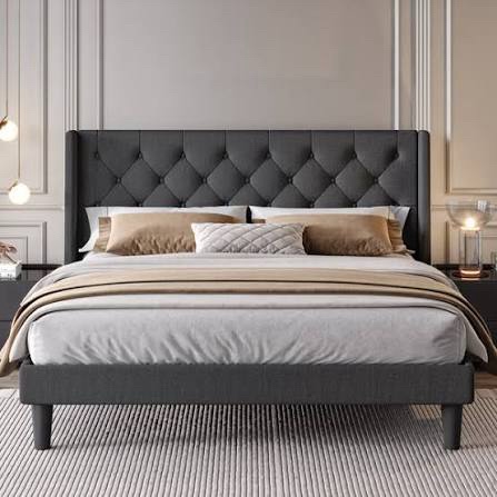 Box 1 of 2 Serenade Wingback Upholstered Platform Bed with Padded Headboard and Footboard