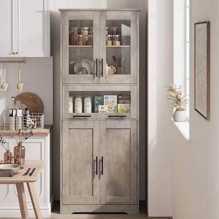 Incomplete 67" Tall Bathroom Cabinet with 4 Doors & Flip Glass Drawer, Storage Cabinet with Adjustable Shelves, Freestanding Organizer for Kitchen, Living Room