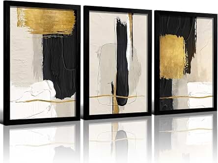 3Pcs Black Gold Abstract Wall Art Decoration 12x16in Framed