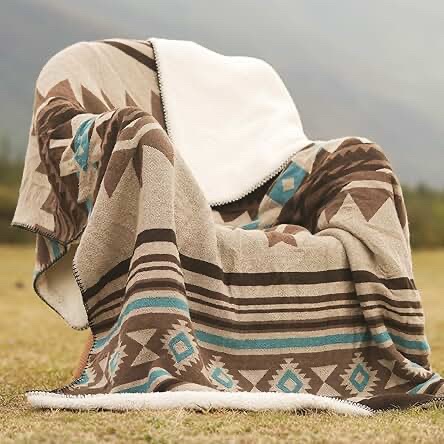 Horimote Home Aztec Sherpa Throw Blanket, Tan and Taupe, 60" x 80"