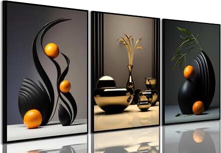 3Pcs Black Orange Abstract Wall Art Decoration 12x16in Framed