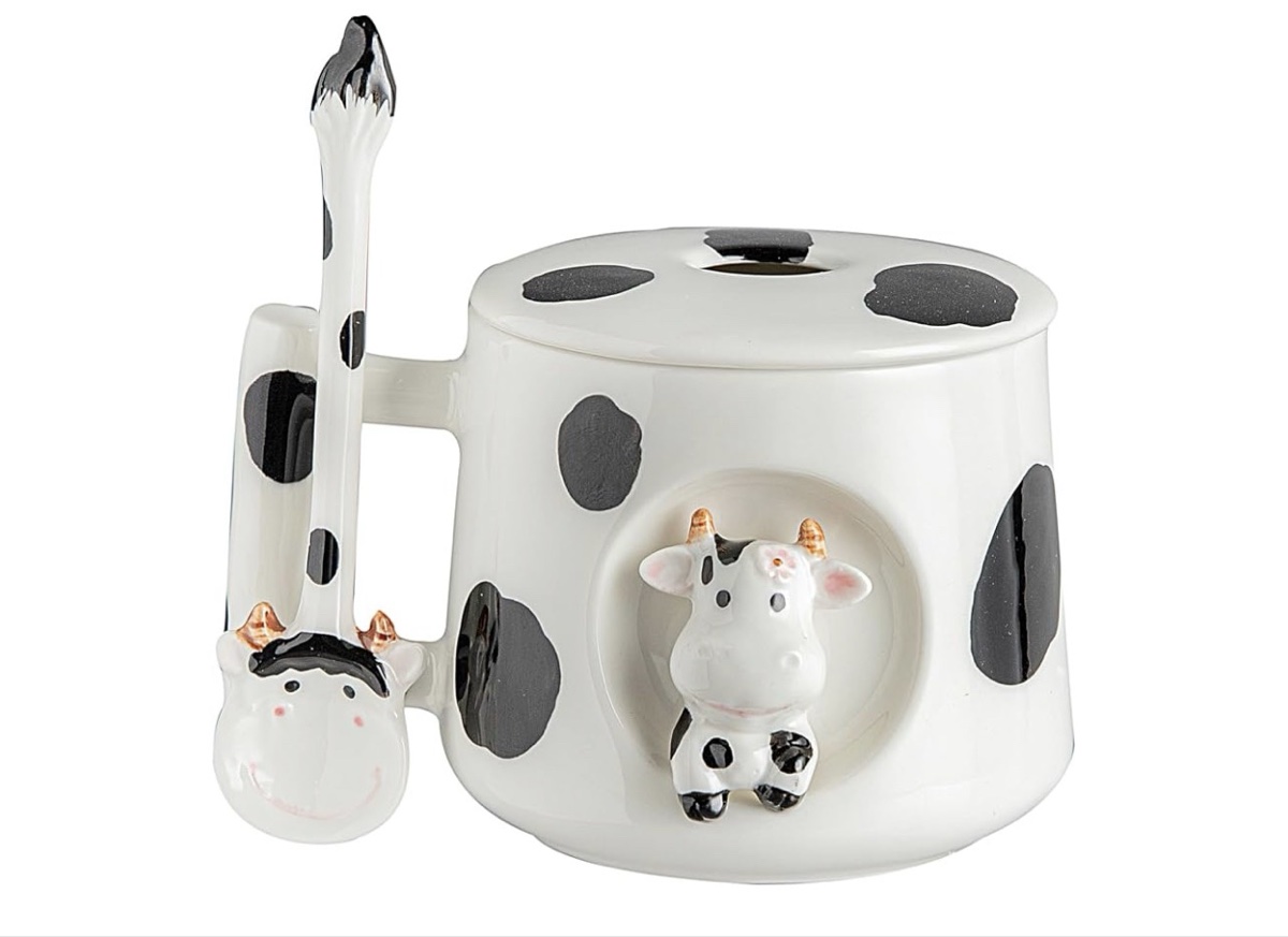 Cow-Themed Ceramic Mug with Lid and Spoon