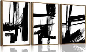 Abstract Wall Canvas Art Framed Black Strokes 24"x36" Natural