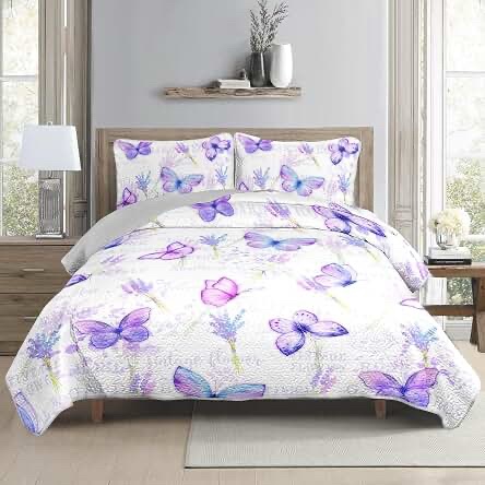 White& blue Reylox 3-Piece Butterfly Print Bedspread and Pillowcase Set (King Size)