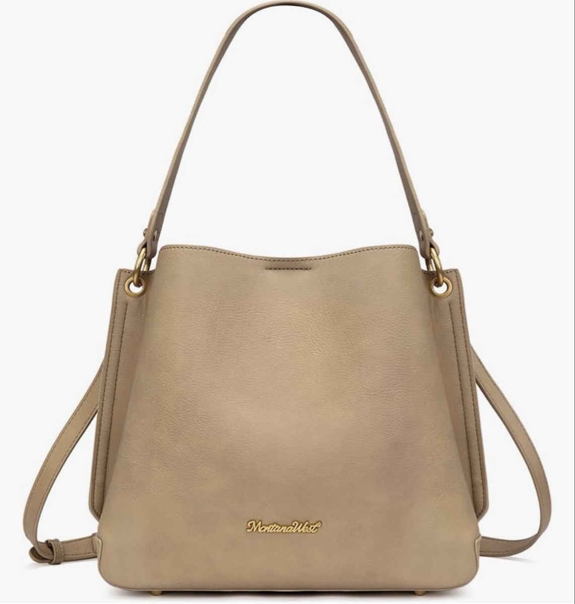 Taupe Leather-Look Structured Bucket Bag. Gray in color and style varies.