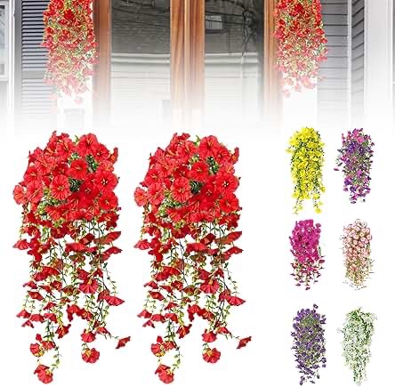 Artificial Flowers for Outdoors Fake Morning Glory (Red) - 2 pcs