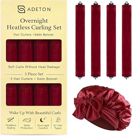 ADETON Overnight Heatless Curling Set (5 Piece Set, Crimson Red)