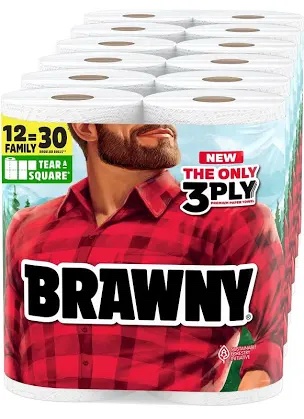 Brawny Tear-A-Square 3-Ply Premium Paper Towels, 12 Family Rolls = 30 Regular Rolls