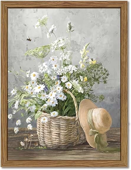 Rustic Daisy Canvas Wall Art Decoration with Wooden Frame