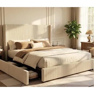 (Box 1 of 2)Modern Wingback Upholstered Platform Bed Frame With 4 Plastic Storage Drawers, Soft Corduroy Fabric, Sturdy Wood & Metal Construction, No Box Spring Needed, Easy Assembly