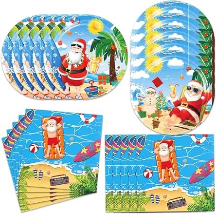 Summer Christmas Tableware Party Decorations Serves 24 Hawaiian Christmas Xmas Party Supplies Disposable Paper Plates,Napkins,Cup,Tablecloth,Forks and Knives : Home & Kitchen