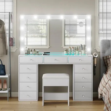 (Box B)Makeup Vanity Desk with RGB Lights and Large 47.2’’ Mirror, 11 Drawers Makeup Vanity with Lighted Mirror, 3 Color Option, Brightness Adjustable, Make Up Vanity with Charging Station Woman, White