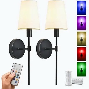14.5 inch Battery Operated Wall Sconce Set of 2,6500K Rechargeable Wall Lights with 5200mAh Dimmable Detachable Bulbs and Remote,15 Colors Wireless Sconces for Bedroom Living Room Hallway Decor