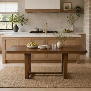 Extendable Solid Wood Dining Table, 60-84inch Rectangular Kitchen Table with Rounded Corners, Removable Leaf, Groove Line Detailing, Stretcher Base & Foot Pads, Brown+Beige Cushion(Table only)