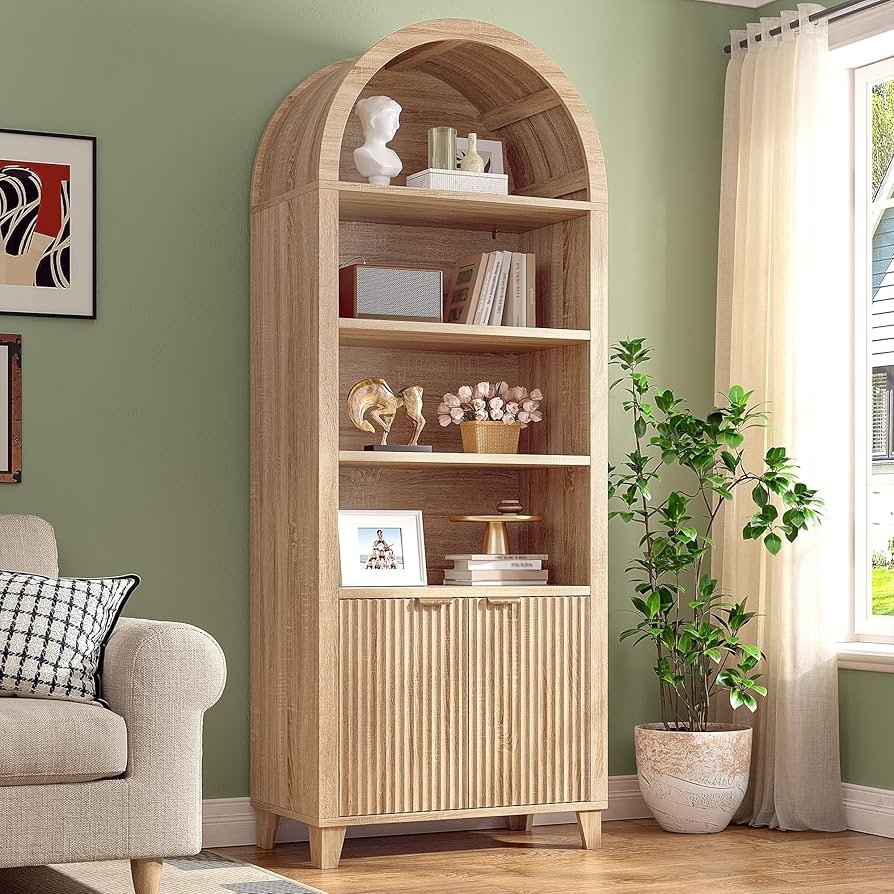 Storage Bookcase/Arched Cabinet With Fluted Doors & Adjustable Shelves – Entryway, Living Room stock photo may not be exact match