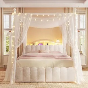Metal Frame Princess Canopy Bed, Velvet Upholstered Headboard with LED Lights, Charging Station & Under-Bed Storage Drawers