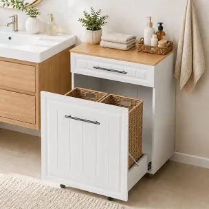 Double Pull Out Trash Can Cabinet, 2x13 Gallons Pet Proof Freestanding Kitchen Trash Cabinet with Drawers,  Wooden Garbage Recycling, Laundry Hamper, Modern Farmhouse Waste Bin Furniture, White