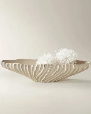 25.6'' Ivory Resin Sculptural Decorative Bowl, Textured Ridges