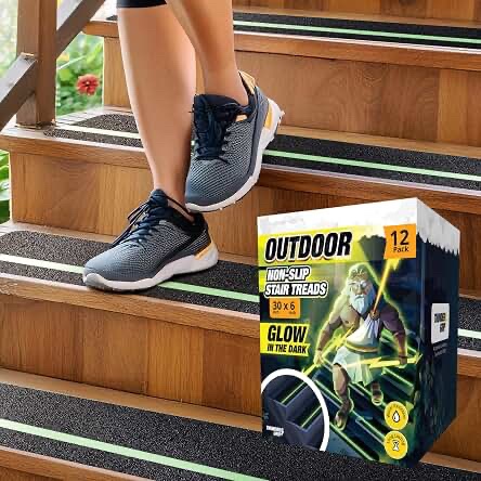 Thunder Grip Outdoor Non-Slip Stair Treads - 30" x 6" Glow in the Dark, 12 Pack