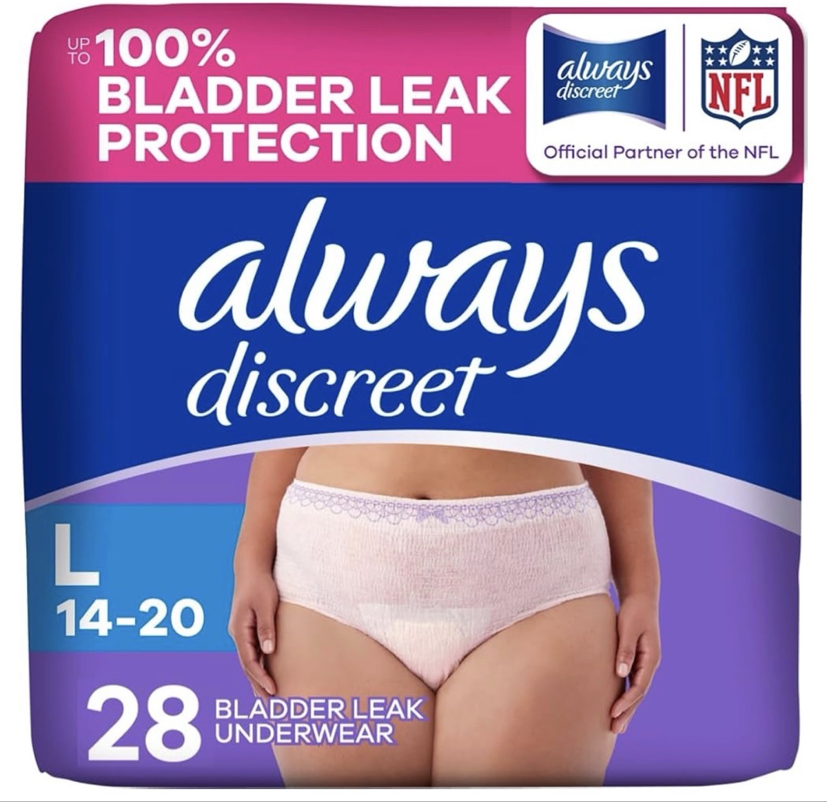 Always Discreet Maximum Absorbency Incontinence Underwear, Women's Large, 28 Count