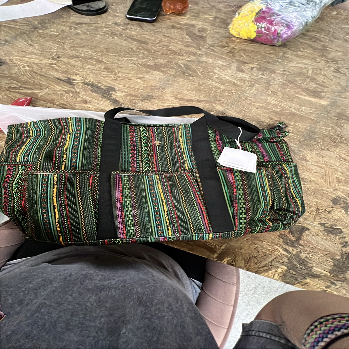 Tribal Pattern Multi-Pocket Canvas Tote Bag with Black Webbing Handles