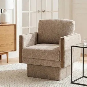 Modern 360° Swivel Accent Armchair, Upholstered Square Arm Lounge Chair with Solid Wood Base