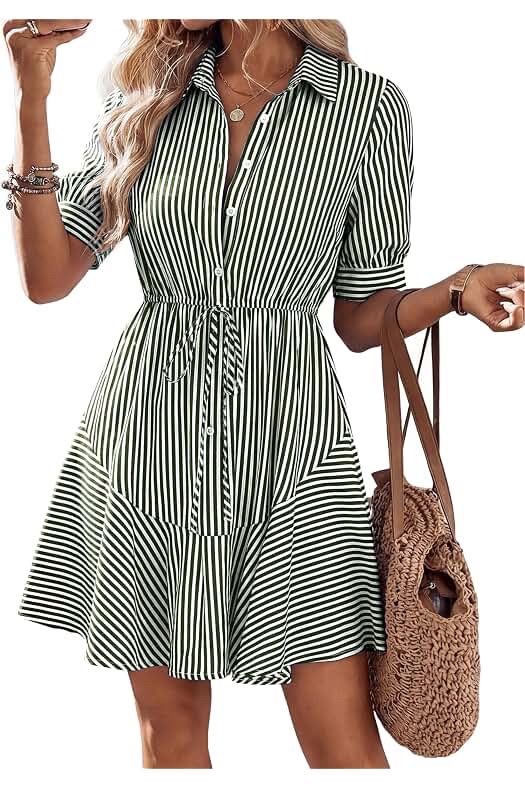 Angashion Women's Summer Dress with Pockets Green Striped X-Large