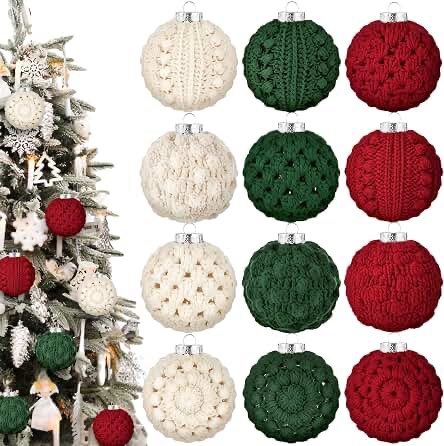 Syhood 12 Pcs Crochet Christmas Baubles/Ornaments (Warm White, Red, Dark Green)