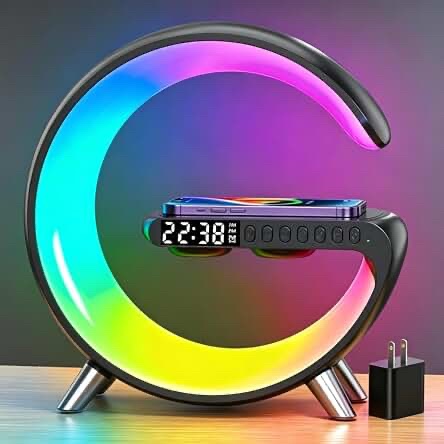 WHITE G-Shape LED Smart Light Sound Machine with Wireless Charger and Digital Alarm Clock