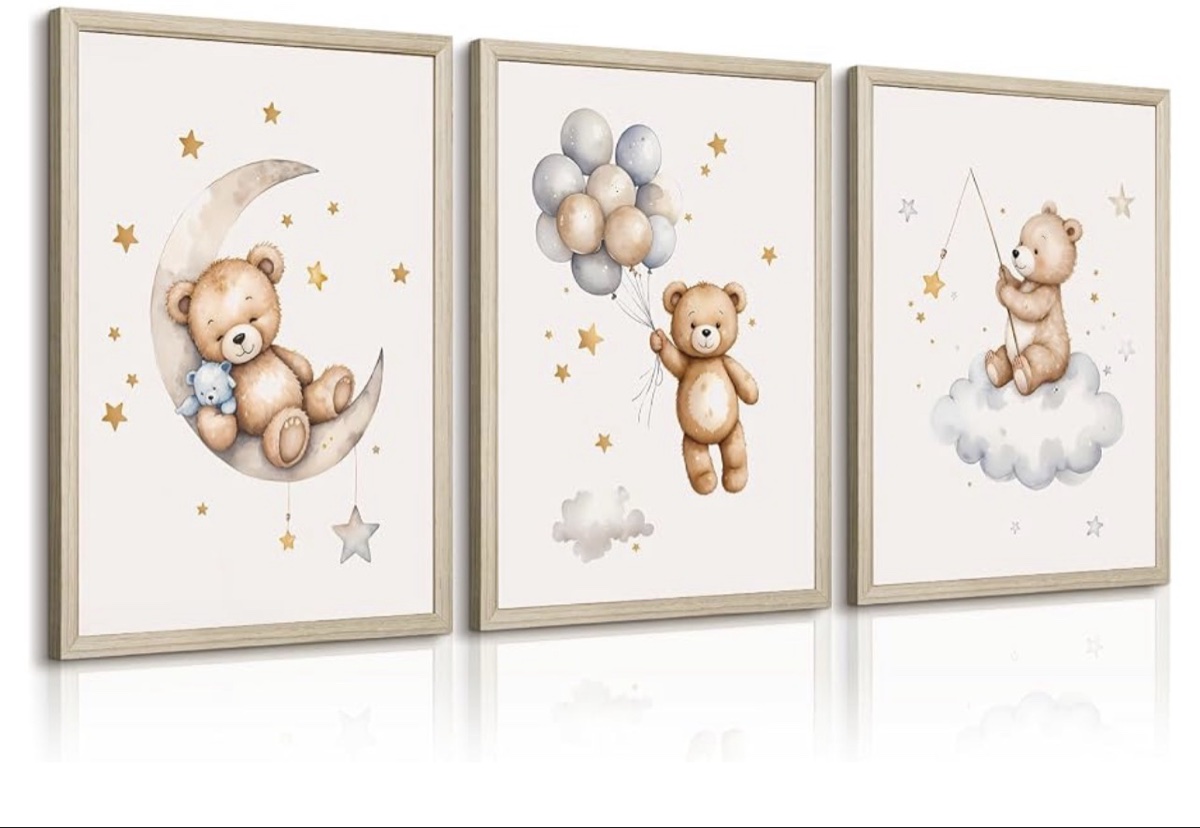 Baccone Bear Nursery Wall Art Decor, Set of 3, 12x10 Inch Framed Canvas Prints