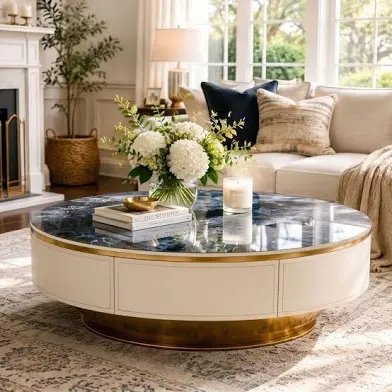 Modern Oval Coffee Table with Sapphire Top and Leather Veneer Drawer