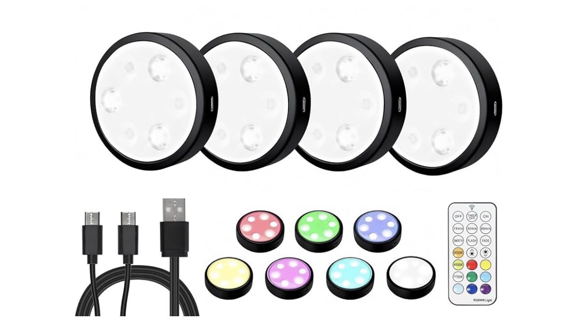RGB+W LED Rechargeable 4-Pack Under Cabinet Lights with Remote