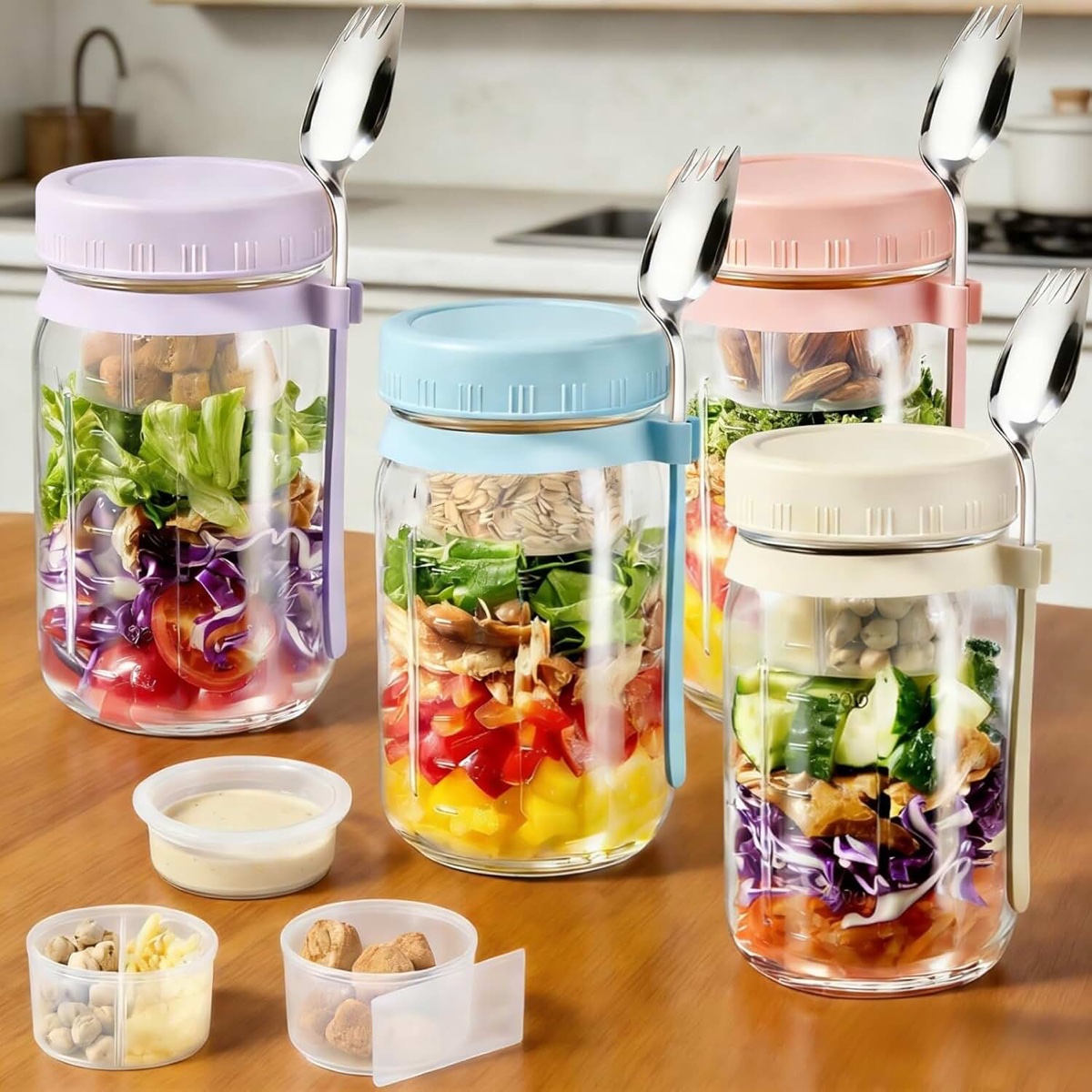 EANGOR 4 Pack Salad Jar Set, Apricot White