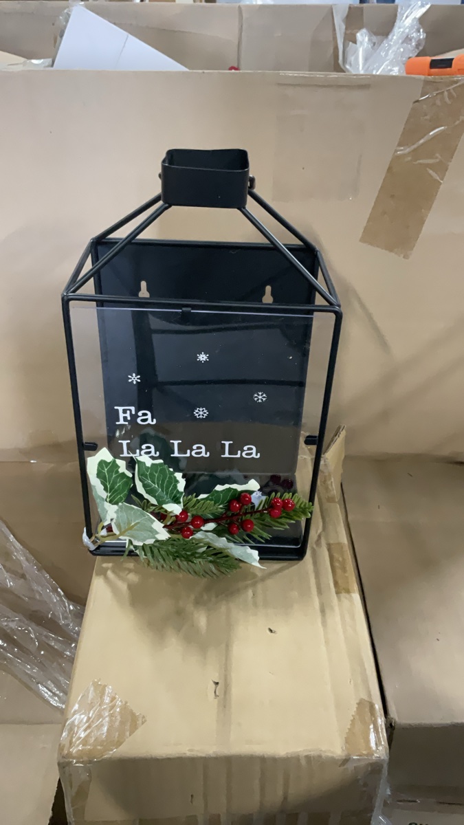 Christmas Holiday Metal Lantern Wall Decor with Artificial Holly Berry Wreath