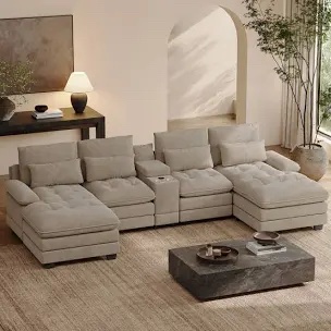 Oversized 130"W 4 Piece U-Shape Sectional With Console & Cup Holders -4