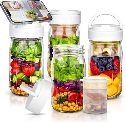CLEANGOR 32oz Glass Salad Jars with Compartments, 4-Pack (Apricot White)