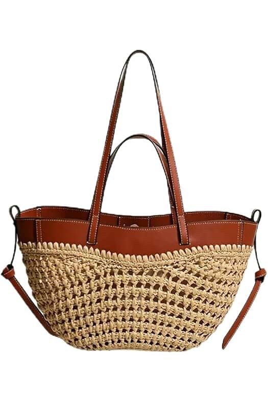 Woven Straw Tote Bag with Tan Leather Trim