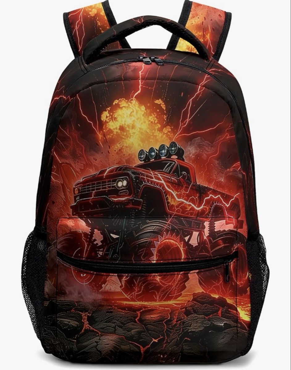 Red Monster Truck Print Backpack for Kids
