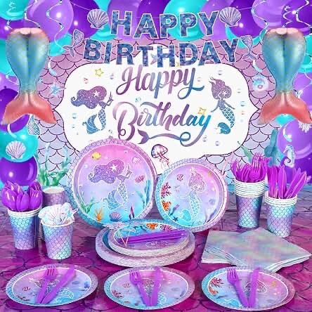 Ctesree 220 Pcs Mermaid Birthday Party Supplies Set, Serves 24