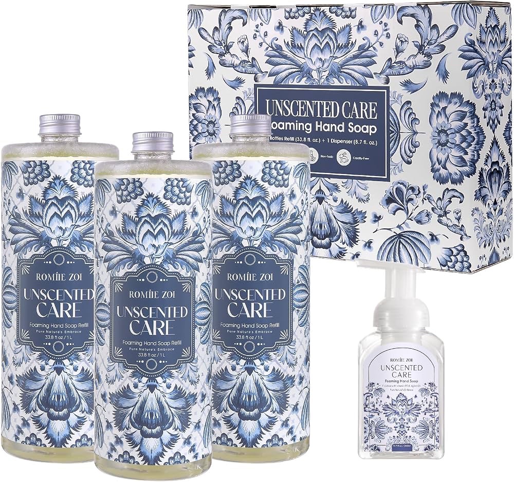 Unscented Care Foaming Hand Soap Set - 3 Refill Bottles + 1 Dispenser