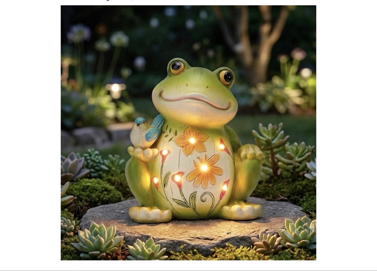 Decorative Garden Frog Statue with Colorful Succulent Plant Accent