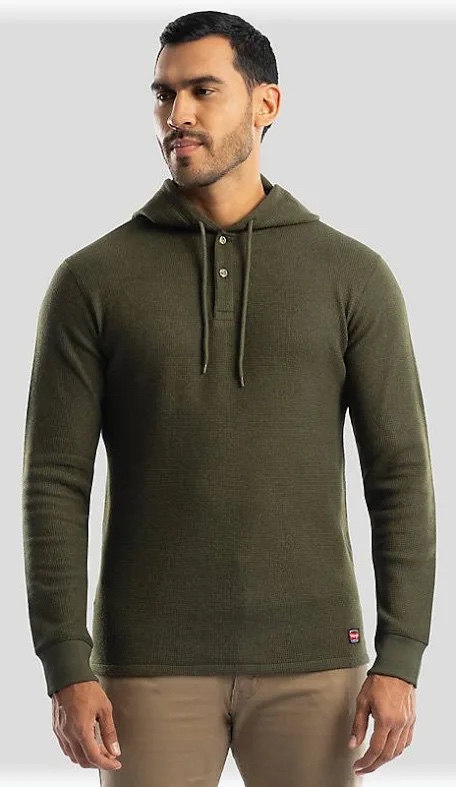Brown Wrangler Workwear Men's Brushed Thermal Waffle Knit Pullover Henley Hoodie - Rubber (2XL)