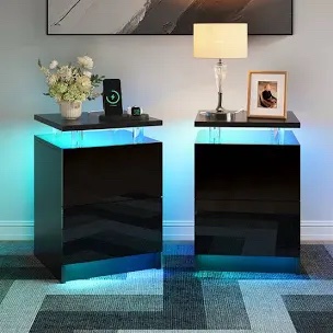Hagood 17.7'' Modern Glass Top Nightstand with LED Light, 2 Drawers and Open Storage Shelf