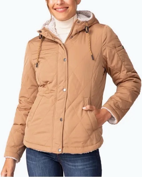 Free Country Women's Quilted Sherpa Lined Hooded Jacket, Camel, Size S