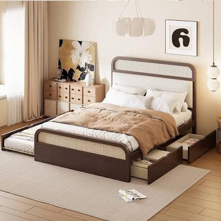 Queen Size Wooden Platform Bed With Trundle And 2 Drawers,Espresso