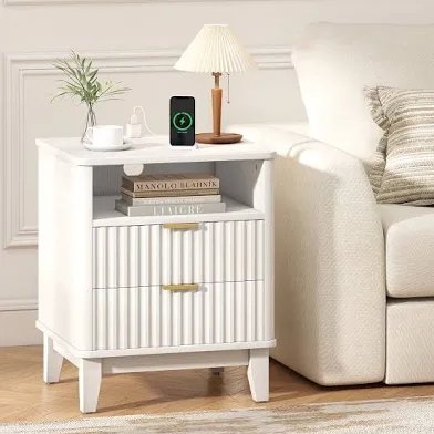 Modern Fluted Nightstand With Charging Station And 2 Drawers - white