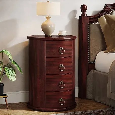 Solid Wood Round Nightstand Table With 4 Drawers